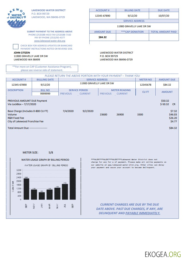USA Lakewood Water District utility bill template in Word and PDF format